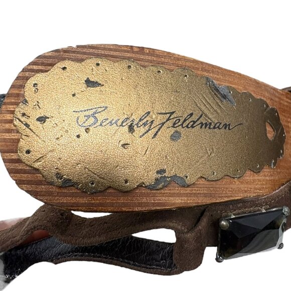 Beverly Feldman Cocoa‎ Suede Bejeweled T-Strap Wooden Sandals - Picture 3 of 11